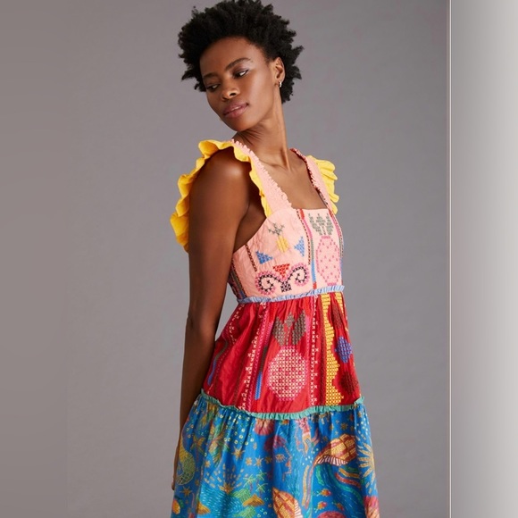 FARM Rio Color Blocking Pineapple Embroidered Tiered Mini Dress Red Size M - Picture 2 of 15